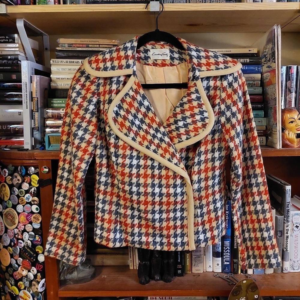 Vintage 1970s Country Set Houndstooth Jacket Grey Tan Orange Deadstock Size 10